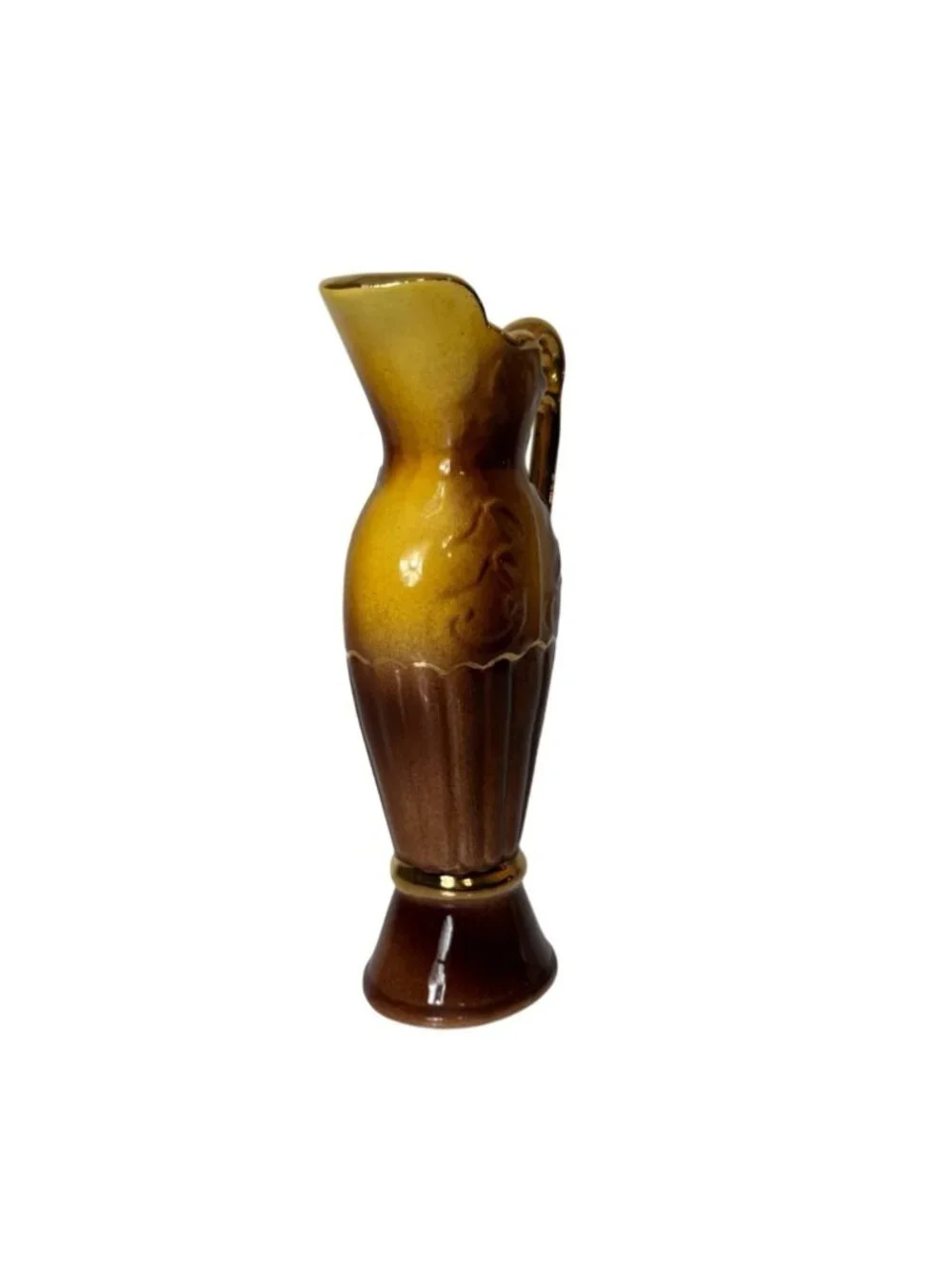 Vintage Mini Bud Vase 23K Gold Ceramic Ewer Pitcher Brown Amber Floral